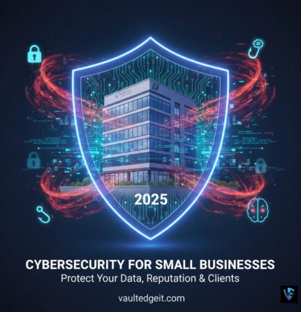 A small business team working in a secure, high-tech office environment surrounded by glowing digital shields and cybersecurity icons, symbolizing cybersecurity for small businesses in 2025, by VaultEdge IT Solutions.