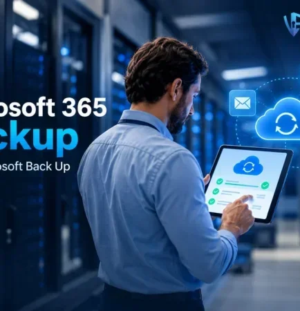 Microsoft 365 backup concept: IT professional reviewing cloud backup in a server room