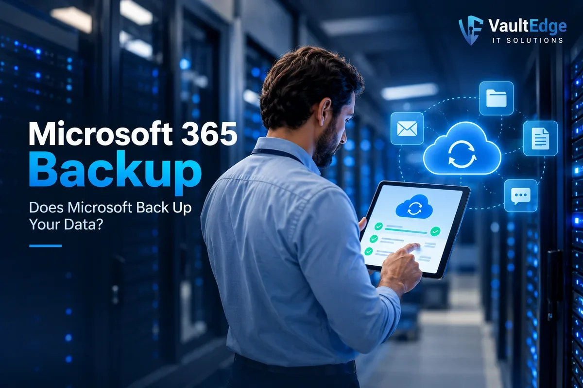 Microsoft 365 backup concept: IT professional reviewing cloud backup in a server room