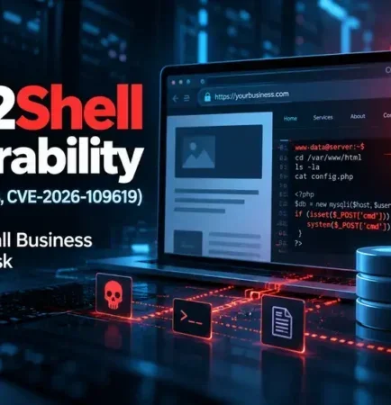 PHP vulnerability CVE-2026-109618 and CVE-2026-109619 PHP2Shell exploit warning graphic for small business websites
